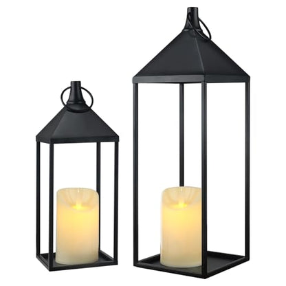 17" & 13" Modern Farmhouse Candle Lantern Decor Set - Black Metal Flameless Indoor & Outdoor Lanterns