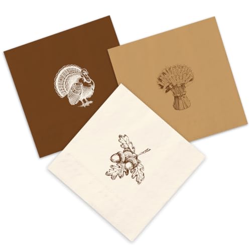 Fall Thanksgiving Cocktail Napkins with Turkey and Acorn Design - 60 Pack