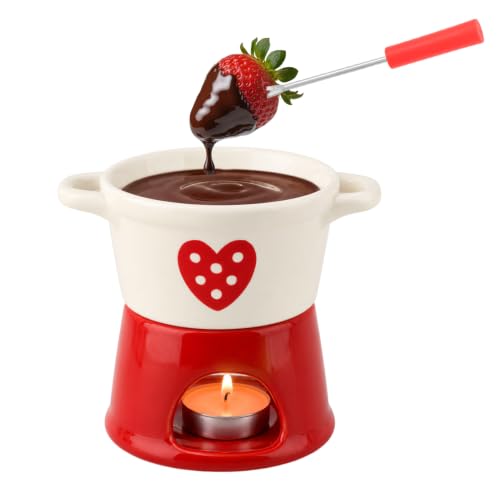 Mini Ceramic Fondue Cup with Fork - Candle Heated Personal Dipping Mug - Style 1