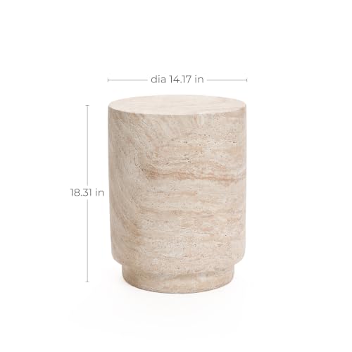 Ivory 18-Inch Round Side Table - Travertine-Style Cement Drum Accent