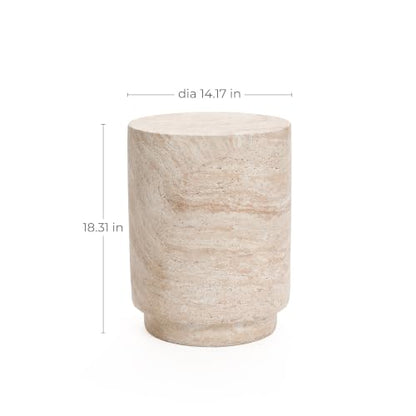 Ivory 18-Inch Round Side Table - Travertine-Style Cement Drum Accent