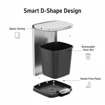 9L Stainless Steel Step Trash Can with Odor Seal & D-Shape Lid for Bathroom & Home