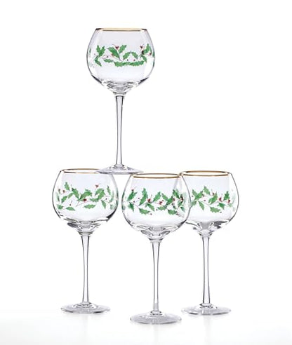Balloon Wine Glasses Set of 4 - 14oz Holiday Holly Leaf & Gold Trim