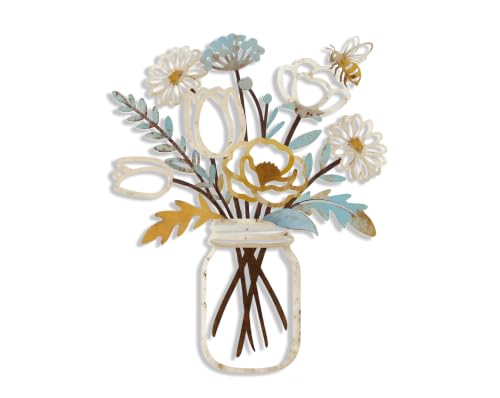 Colorful Mason Jar Flower Wall Art Decor with Bees and Tulips - Metal Garden Wall Hanging