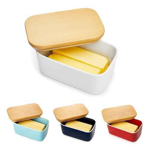 Sweese Large Butter Dish - Airtight Butter Keeper Holds Up to 2 Sticks of Butter - Porcelain Container with Beech Wooden Lid, White