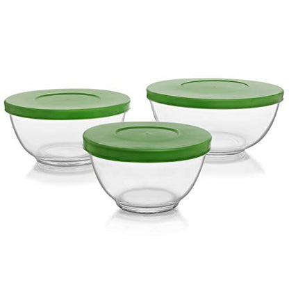 Libbey Baker's Basics 3-Piece Glass Mixing Bowl Set with Plastic Lids, Multi-Size