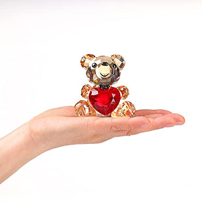 Crystal Teddy Bear Figurine with Red Heart - Pink Collectible Gift Ornament
