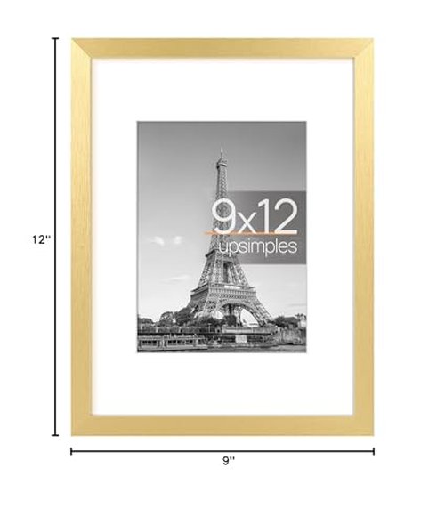 upsimples 9x12 Picture Frame, Display Pictures 6x8 with Mat or 9 x 12 Without, Wall Hanging Photo Frames, Gold, 1 Pack