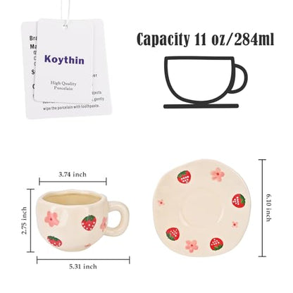 Irregular Ceramic Mug with Saucer - 10oz Strawberry Flower Latte Cup - Handcrafted