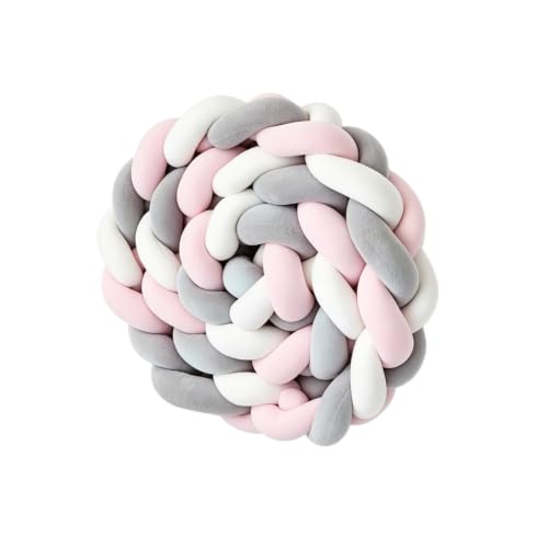 Mixed-Color Handmade 3-Strand Braided Knot Pillow - Soft Plush Decorative Throw, 141.7in (3.6m) - White Pink Grey