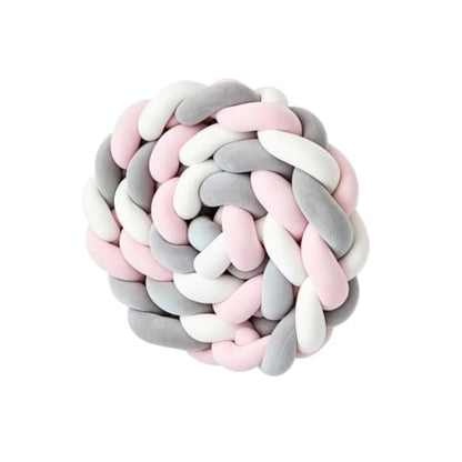 Mixed-Color Handmade 3-Strand Braided Knot Pillow - Soft Plush Decorative Throw, 141.7in (3.6m) - White Pink Grey