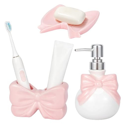 Pink Ceramic Bathroom Accessories Set with Bow - Soap Dispenser Toothbrush Holder & Soap Dish