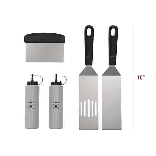 Coleman Flat Top 5-Piece BBQ Griddle Tool Kit, Stainless Steel Grilling Tool Kit with 2 Spatulas, Scraper, and 2 Squeeze Bottles, for Gas Grills and Griddles