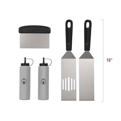 Coleman Flat Top 5-Piece BBQ Griddle Tool Kit, Stainless Steel Grilling Tool Kit with 2 Spatulas, Scraper, and 2 Squeeze Bottles, for Gas Grills and Griddles