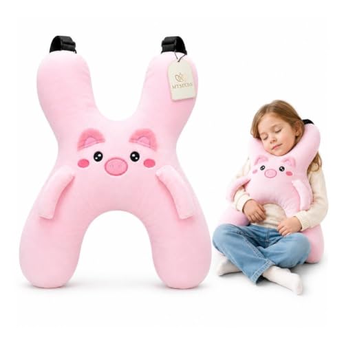 Kids Pink Car Travel Neck Pillow with H-Shaped Support & Adjustable Strap