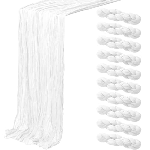 White Cheesecloth Table Runner 10 Pack - 10ft Sheer Rustic Linen for Wedding & Party Decor