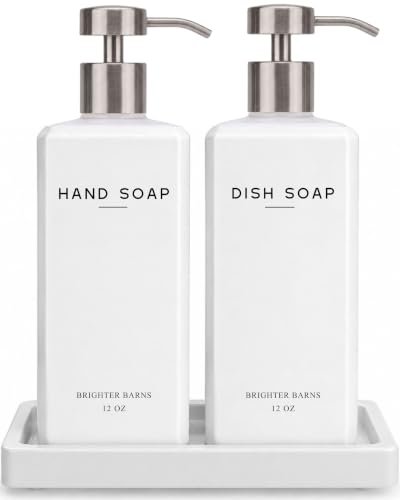 White Glass Hand and Dish Soap Dispenser Set with Pump & Tray - 12oz Kitchen Decor