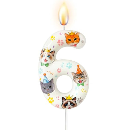 Party Cat Number Candle - Pet Themed Birthday Cake Topper - 6 - Paw Print Decoration for Cat Lovers