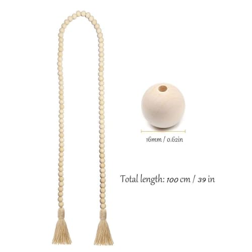 Wood Bead Garland for Farmhouse & Rustic Home Decor - 39 Inch Natural Beads with Linen Tassels
