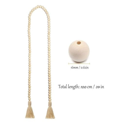 Wood Bead Garland for Farmhouse & Rustic Home Decor - 39 Inch Natural Beads with Linen Tassels