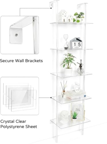 5 Tier Clear Acrylic Wall Ladder Shelf for Storage & Organizer