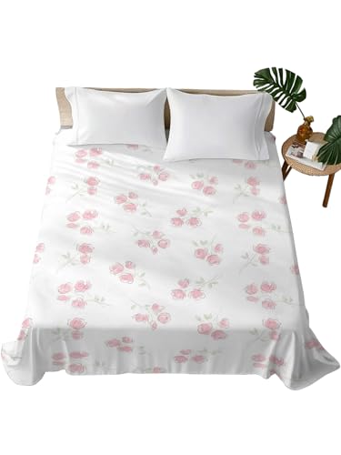 Full Size Pink Flowers Microfiber Flat Sheet - Spring Floral Bed Linen, 81x96, Easy Care, Farmhouse Style