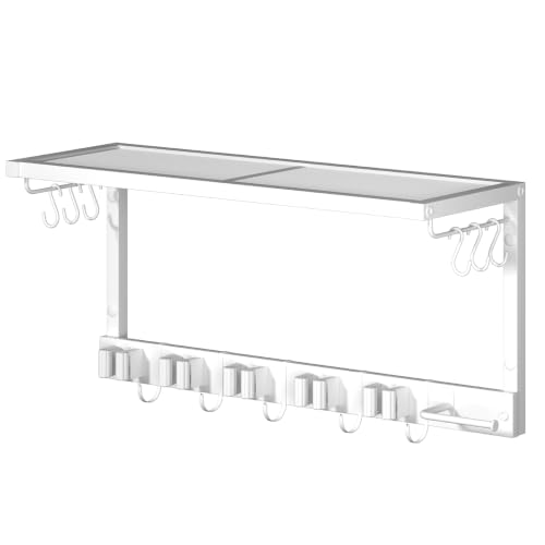 White Wall Mount Broom Holder with Shelf and Hooks - Heavy Duty Garage Organizer