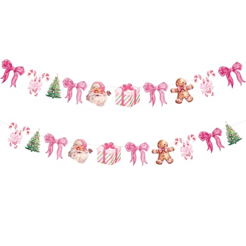 Pink Christmas Paper Garland with Santa & Bow - 2 Pack, 6.56 Ft Each - Holiday Decor