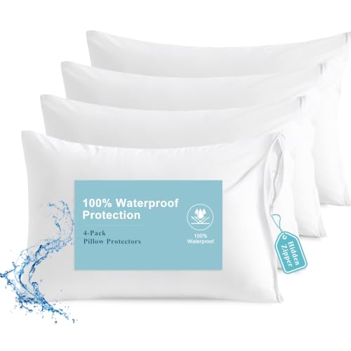 Waterproof Pillow Protectors 4-Pack - Standard Size 20x26 White, Zippered