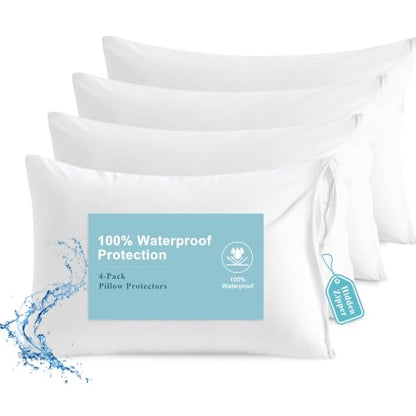 Waterproof Pillow Protectors 4-Pack - Standard Size 20x26 White, Zippered