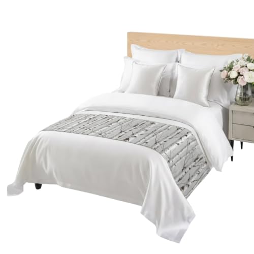 Nature Birch Trees Bed Runner for Queen Bed - White, Gray, Black, 83"x20" Variation