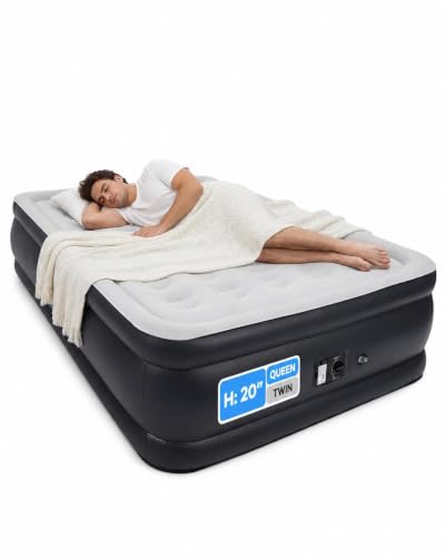 Queen Raised Air Mattress with Built-In Electric Pump, Self-Inflating, Flocked Top, Honeycomb Support - Portable Guest Bed