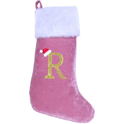 Pink Velvet Monogram Christmas Stocking with White Plush Cuff - Letter R, 20 Inches