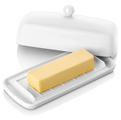 White Ceramic Butter Dish with Lid - Non-Slip Ridges, Countertop Storage