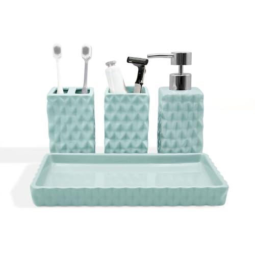 Home Weavers Turquoise 4-Piece Ceramic Bathroom Accessory Set with Lotion Dispenser
