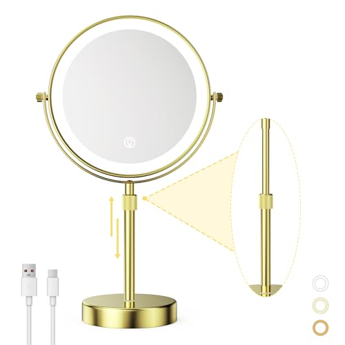 Nicesail 8” Rechargeable LED Magnifying Makeup Mirror with 3 Color Lights and 10X Magnification, Height Adjustable Stand up Lighted Magnifying Mirror, Double Sided 360°Rotation, Shiny Gold Finish