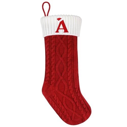 DIYASY Christmas Knitted Stockings with Letters - 20 Inch Large Holiday Stocking with Embroidered Alphabet - Red Xmas Gift Stocking for Christmas Decorations (Letter a)