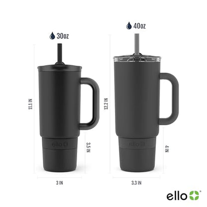 Ello Port 30oz Tumbler with Carry Loop & Integrated Handle | Vacuum Insulated Stainless Steel Reusable Water Bottle Travel Mug | Leak Proof Lid | Flexible Straw | BPA-Free | Dishwasher Safe | Black