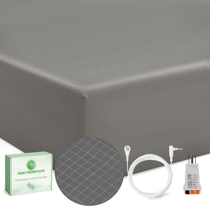King Size Grounding Sheets with Silver Fiber & Outlet Tester - Gray, 70% Organic Cotton, Grounded Bed Sheet Kit