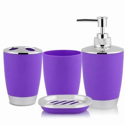 Purple 4-Piece Bathroom Accessories Set with Soap Dispenser and Toothbrush Holder