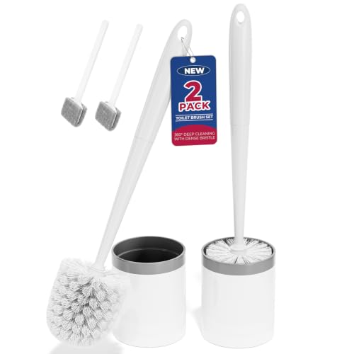 Toilet Brush and Holder Set - Compact, White, 2 Pack for Bathroom