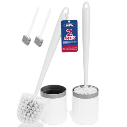 Toilet Brush and Holder Set - Compact, White, 2 Pack for Bathroom