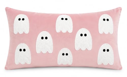 Halloween Pink Velvet Lumbar Throw Pillow with Ghost Embroidery 12x20"