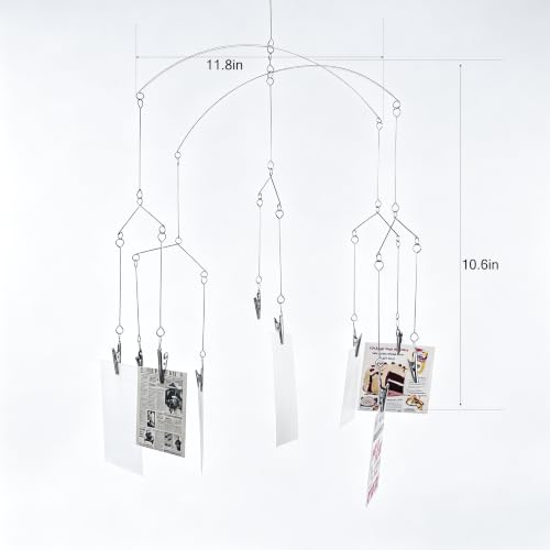 Hanging Photo Mobile with 10 Clips - Silver Rotating Wire Display for Photos