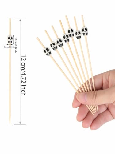100 Pcs Bamboo Skull Cocktail Picks for Halloween Party Decor
