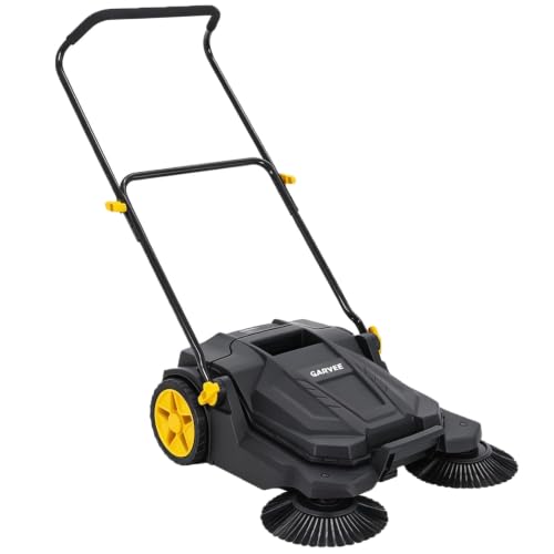 Walk Behind Hand Push Sweeper 25.6-Inch Floor Sweeper in Black and Yellow