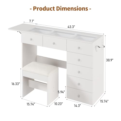 Vanity Desk with Drop Leaf Glass Top — 7-Drawer Wood Dressing Table with Charging Station, Stool, 43.3"