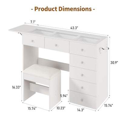 Vanity Desk with Drop Leaf Glass Top — 7-Drawer Wood Dressing Table with Charging Station, Stool, 43.3"