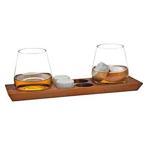 Godinger Whiskey Glasses, Drinking Glasses, Bar Glasses, Wine Glasses, Stemless Glasses, and Chilling Rocks Whiskey Stones Bar Set on Wooden Display Tray
