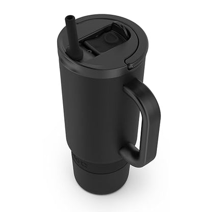 Ello Port 30oz Tumbler with Carry Loop & Integrated Handle | Vacuum Insulated Stainless Steel Reusable Water Bottle Travel Mug | Leak Proof Lid | Flexible Straw | BPA-Free | Dishwasher Safe | Black